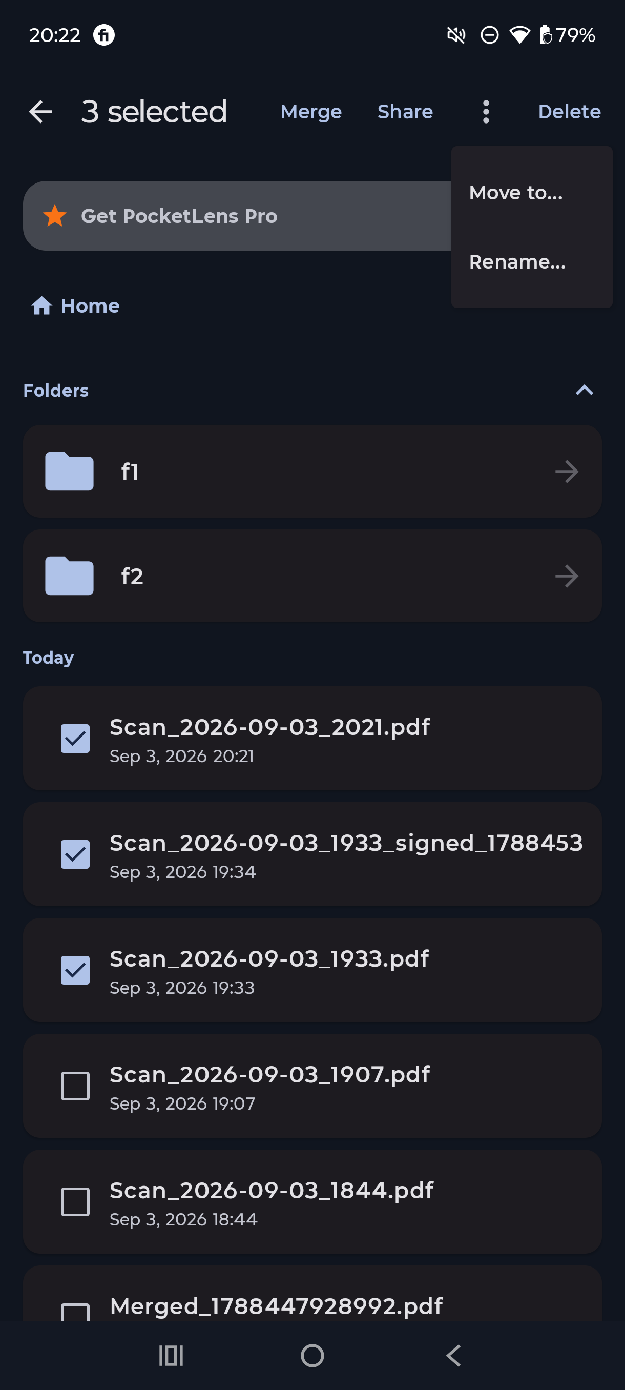 Bulk actions in Paperino — merge, share, move, or rename multiple scans at once