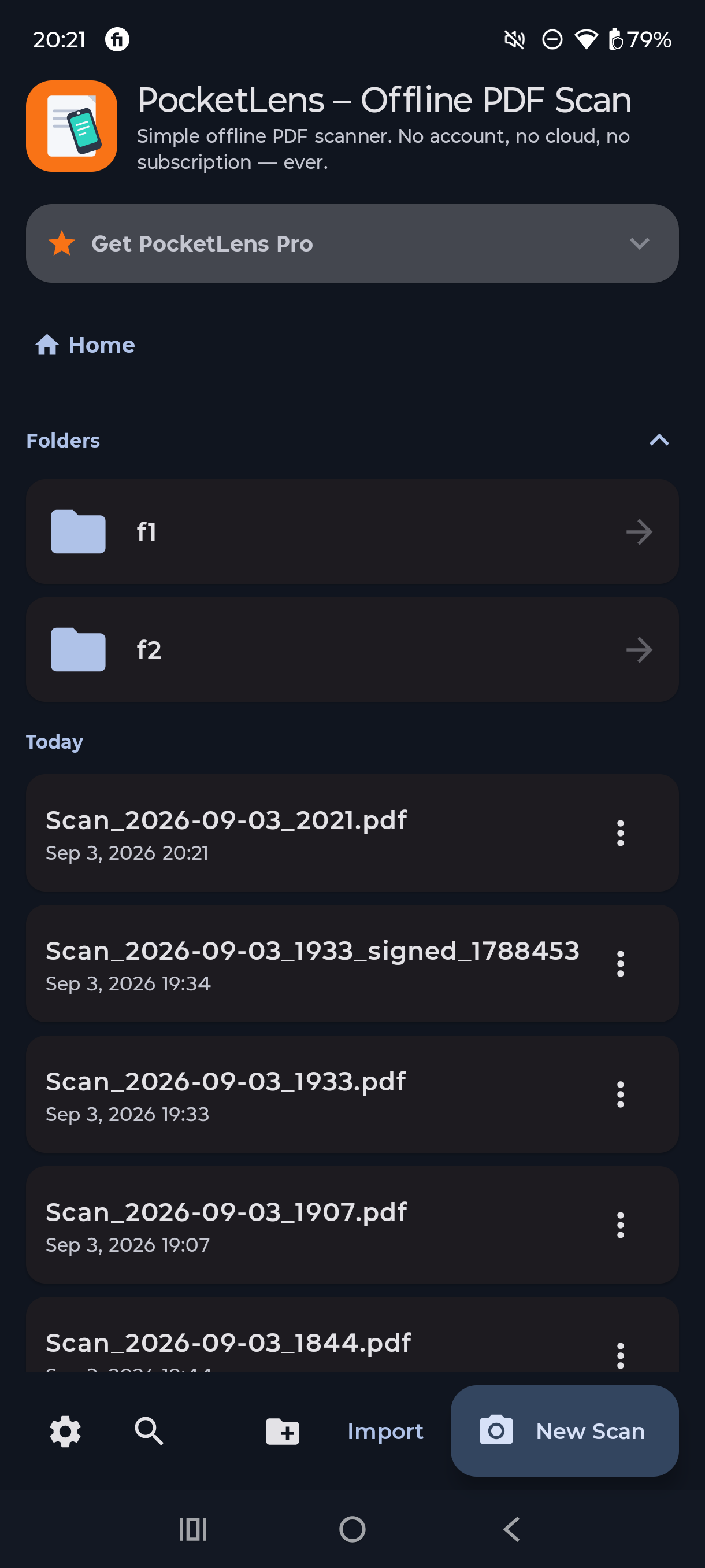 Paperino home screen showing scanned PDFs organized into folders — no account required