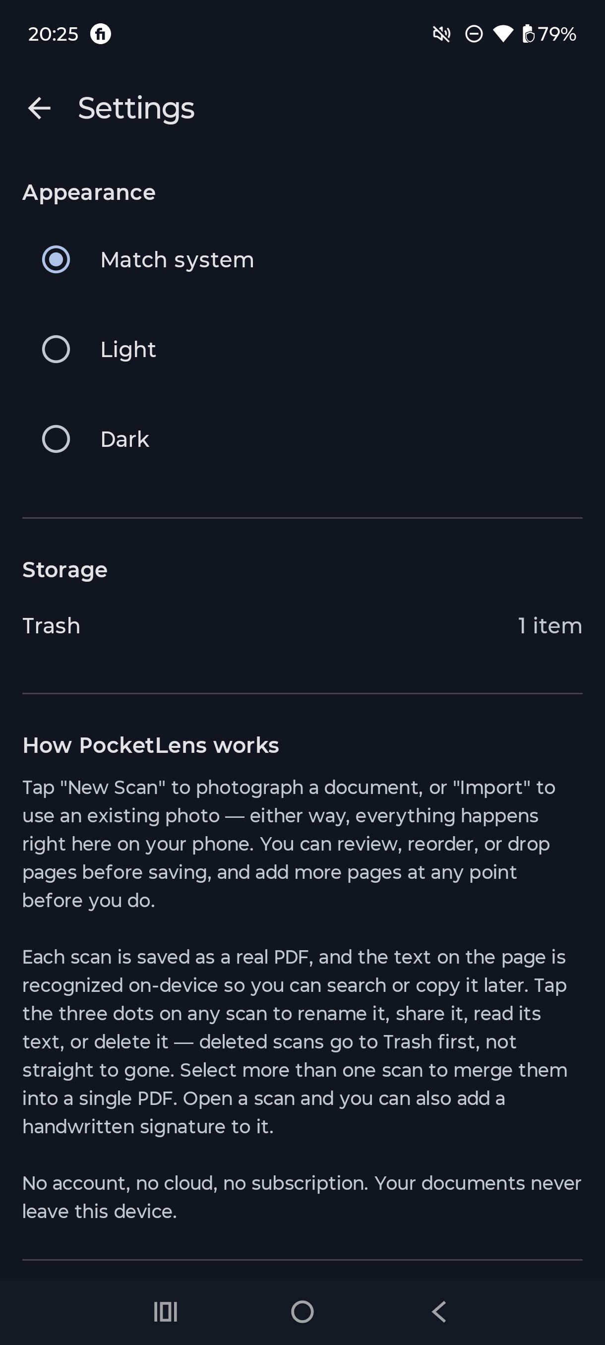 Paperino settings screen confirming no account, no cloud, no subscription — documents stay on your device